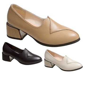 白鳥麗子 [現貨快出] 【35-41全尺碼】粗跟鞋 率性純色皮革拼接圓頭包鞋