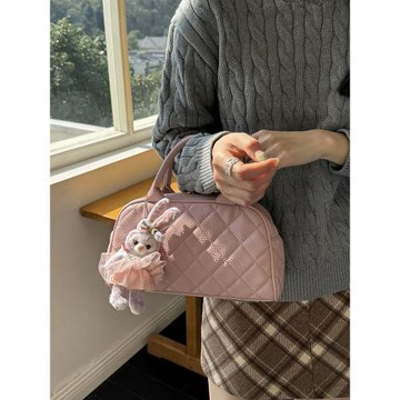 學院風春夏手提包包女2025新款小香風繡花菱格紋手拎小號保齡球包