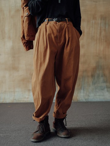 焦糖色 野生薯莨染 100%棉 植物染泥染美式覆古全棉工裝長褲