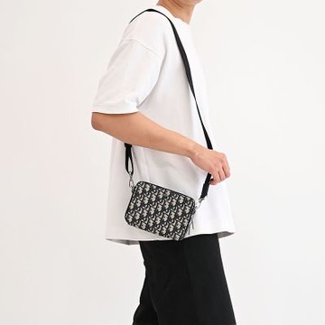 Christian Dior Oblique 滿版緹花LOGO雙層斜背拉鍊小包(深藍)