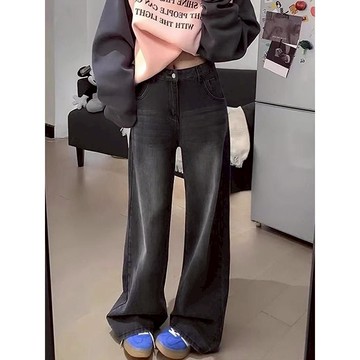 【董小姐】黑灰色直筒牛仔褲女 高腰垂感直筒 美式穿搭 大學生穿搭 复古不贴腿 新款梨型身材 寬鬆顯瘦高腰 垂感闊腿長褲子