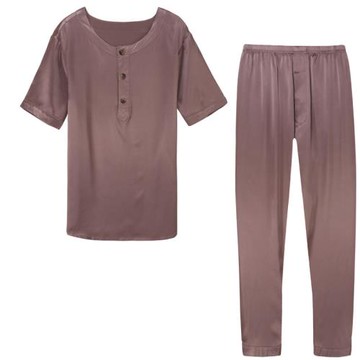 伊伊絲坊圓領男士真絲睡衣短袖長褲19姆米桑蠶絲家居服