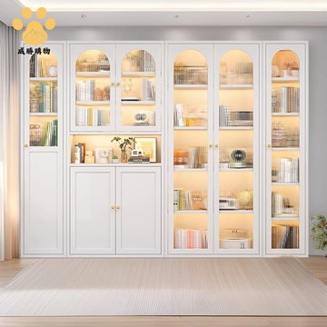 鋼制鐵藝書櫃 透明玻璃門展示櫃 鐵藝家用置物櫃 滿墻組合雙開門書櫃Y9/12