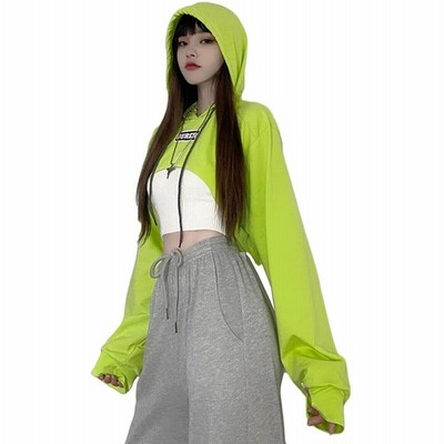 ショート丈 パーカー フード付き 韓国 ファッション 蛍光 緑 トレーナー 原宿系 ストリート レディース スウェット ダンス服 大きいサイ 通販 Lineポイント最大get Lineショッピング