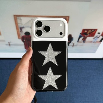 小衆韓系ins黑白撞色銀色裂紋星星適用防摔手機殼 iphone17手機殼 16 15保護殼 簡約設計