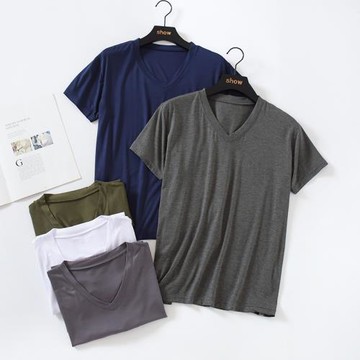 莫代爾t恤男夏季短袖v領薄款寬松大碼老頭衫半袖冰絲打底家居汗衫