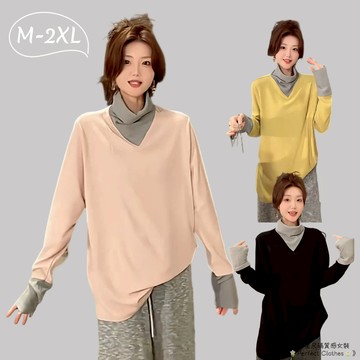 M-2XL 堆堆領 高領保暖衣 大尺碼德絨打底衣 韓版撞色高領長袖上衣女 秋冬新款磨毛絨感加厚寬鬆顯瘦長袖上衣