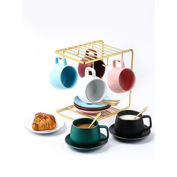 歐式馬卡龍色陶瓷描金咖啡杯家用咖啡杯廳情侶水杯早餐杯配杯架