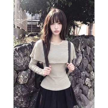 現款免運 長袖T恤女 長袖上衣 韓系氣質斗篷假兩件條紋長袖T恤女秋季新款chic別緻獨特漂亮上衣U
