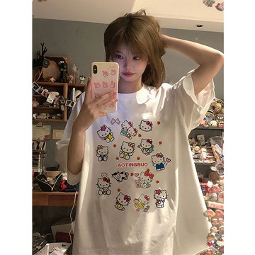純棉韓版甜美凱蒂貓印花短袖T恤夏季寬鬆可愛多巴胺上衣服 女生上衣 慵懶風 男生短袖 oversize寬鬆