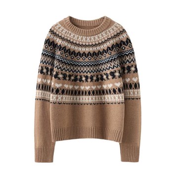 設計感小眾！法式復古100%山羊絨費爾島提花圓領毛衣女秋冬加厚