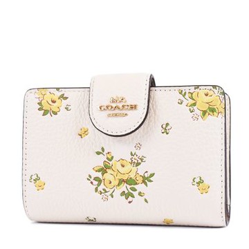 COACH 金字立體浮雕花卉荔枝紋皮革釦式中夾-黃/白