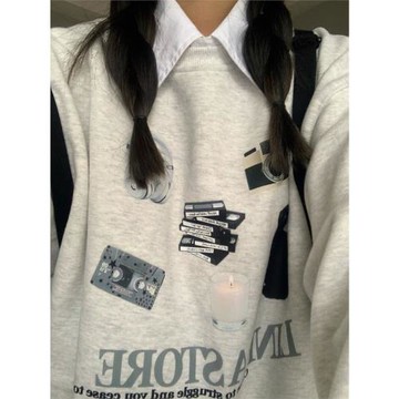 美式復古灰色圓領落肩衛衣女春秋新款寬松oversize印花小個子上衣