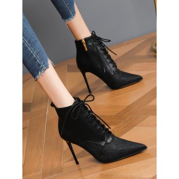 馬丁靴女2025年冬季新款尖頭系帶高跟鞋女細跟時尚網紅百搭小短靴