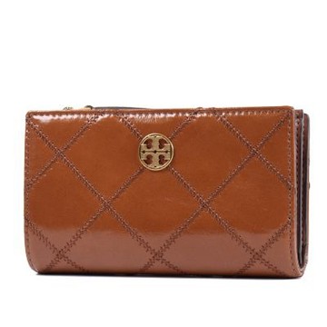 TORY BURCH Willa 菱格紋雙釦對開中夾-焦糖橘棕