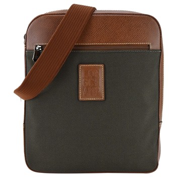 [平輸版]LONGCHAMP    BOXFORD系列壓印皮標帆布斜背包(中/棕)真品平輸