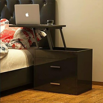 床頭櫃 收納櫃 定制現代時尚簡約升降床頭櫃黑白色亮光烤漆多功能儲物櫃北歐!~`