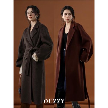 OUZZY"畫報女郎"毛流感駱駝絨羊毛大衣長款戧駁領毛呢外套冬