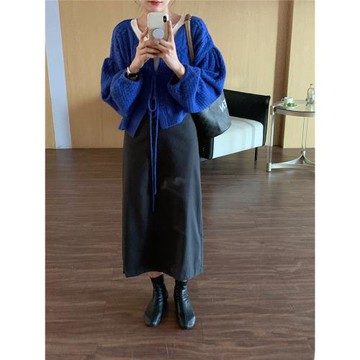 韓系復古克萊因藍麻花系帶針織開衫女春秋季慵懶風燈籠袖毛衣外套