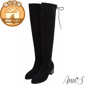 💎APP結帳 靴款買1送1💎Ann’S誘人領域-防水絨布素面後綁帶粗跟過膝靴5cm-絨黑