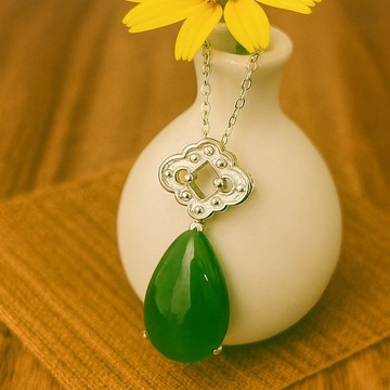 如意所在 玉 墜子 天然碧玉 9x14mm A貨 925 純銀 項鍊 禮物