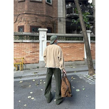麻飯同學 美式復古拼接解構設計感彎刀工裝褲男女寬松闊腿長褲子