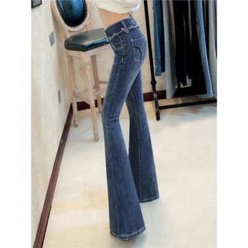 2025秋季音率意大利中腰流蘇毛邊撞色大魚尾喇叭牛仔長褲性感女潮