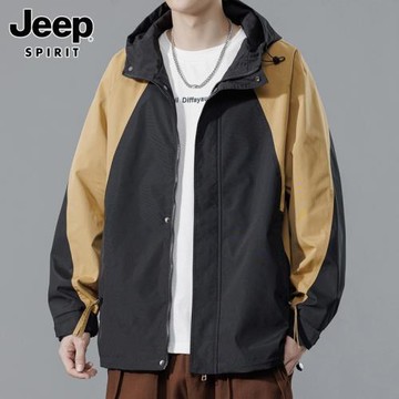 JEEP SPIRIT痞帥沖鋒上衣男士春秋季日系拼接寬松連帽夾克外套男