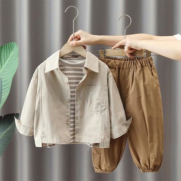 兒童秋款套裝2026新款男童春秋季棉布襯衫三件套時髦寶寶韓版春裝