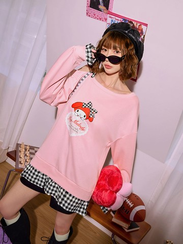 美樂蒂．太空棉印花拼接格紋斜肩綁帶上衣