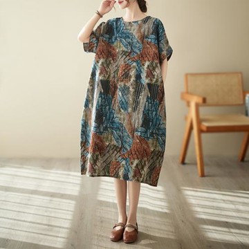 AKARA 涼感 棉麻 大碼 清質感棉麻木刻畫短袖洋裝 3XL可(涼感 棉麻 中大尺碼 短袖)