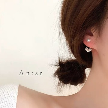An:Sr:「氣質 珍珠愛心鑽 耳飾」韓系 氣質款 愛心鑽 珍珠 耳釘式 耳環 耳飾 飾品 吊墜飾品A0050
