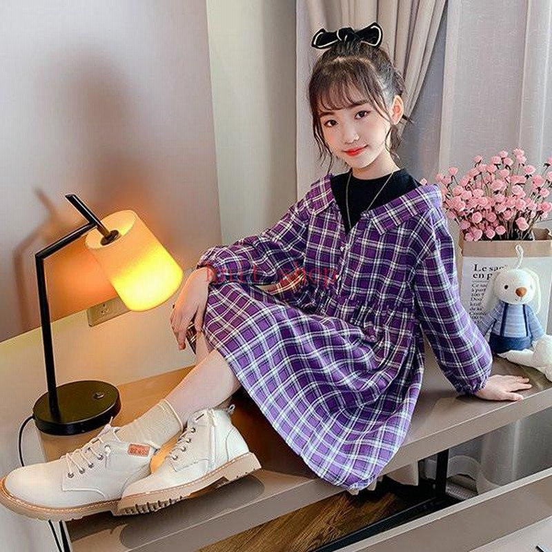 ワンピース キッズ 長袖 子供服 女の子 キッズワンピース シャツワンピース チェック柄 子供ドレス お姫様 ジュニア カジュアル  LINEショッピング