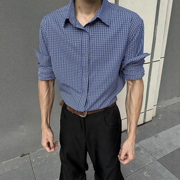 miu系藍色格子抽繩襯衫男款秋季高知感穿搭長袖襯衣cleanfit外套鑫弘-衣錦男裝