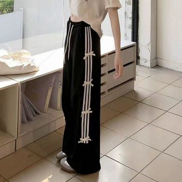 新款蝴蝶結黑色褲子休閒褲條紋夏季運動褲寬鬆運動高腰休閒長褲女 长裤 直筒裤 阔腿裤 拖地裤 休闲裤 裤子