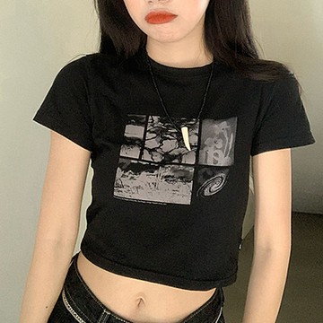韓版彈性緊身圖案短版上衣【T436】