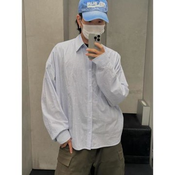 Nonnod藍白豎條紋廓形翻領襯衫輕薄透氣防曬韓系氛圍感襯衣外套夏