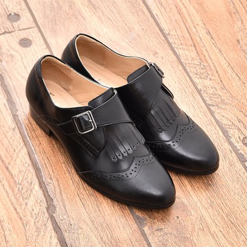 黑色 流蘇低跟真皮孟克鞋