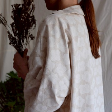 雪見白花 小圓領日式寬袖長版洋裝襯衫