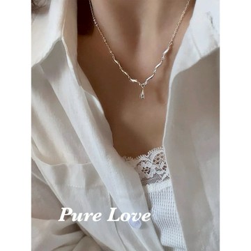 Pure Love樂芙 / 正韓 銀飾【S925純銀】N1010簡約通體純銀項鍊蜿蜒線條水滴鎖骨鏈 短項鏈 / 銀