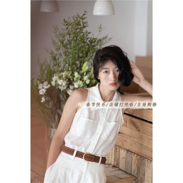 【丁東馬】自制/穿衣哲學less is more/亞麻削肩翻直角肩無袖襯衫