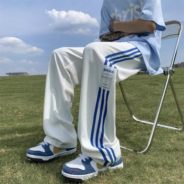 白色褲子男高級感垂感闊腿褲美式復古條紋運動褲春秋款直筒休閑褲