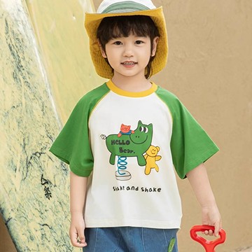 TONGMO - 棉質圓領休閒短袖上衣-動物園遊會-拼袖綠