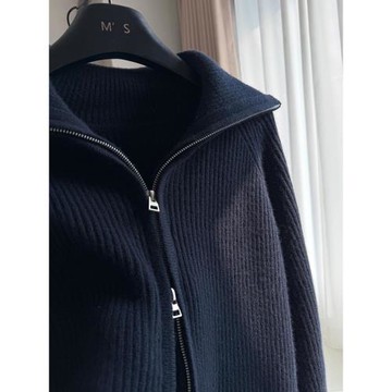 推薦！歐貨高端翻領雙拉鏈山羊絨藏青色毛衣女冬加厚慵懶開衫外套