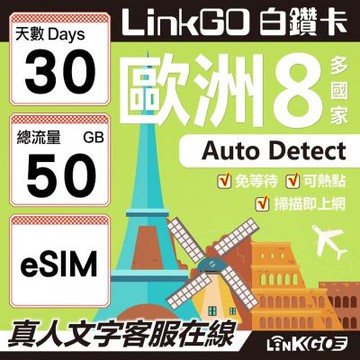 LINKGO白鑽卡 歐洲8國 eSIM卡 30天上網卡 總流量50GB (歐洲網卡 法國 瑞典 奧地利 英國)