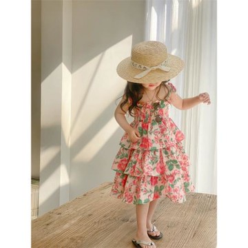 女童吊帶連衣裙2023夏季新款兒童韓版田園風碎花蛋糕裙寶寶公主裙