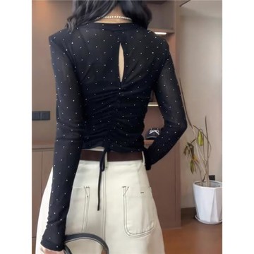 魅姿婭2025女秋季新款韓版氣質高級波點撞色鏤空薄款長袖上衣T恤