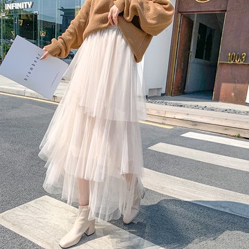 春裝女裝新款修身顯瘦高腰半身裙女紗裙中長款網紗a字蛋糕裙1入