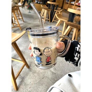 ins吸管杯可愛學生水杯家用兒童早餐牛奶杯帶刻度帶把手玻璃杯子