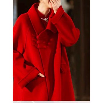 中式風新娘服紅色雙面羊絨大衣女2025秋冬新款韓版加厚毛呢外套女